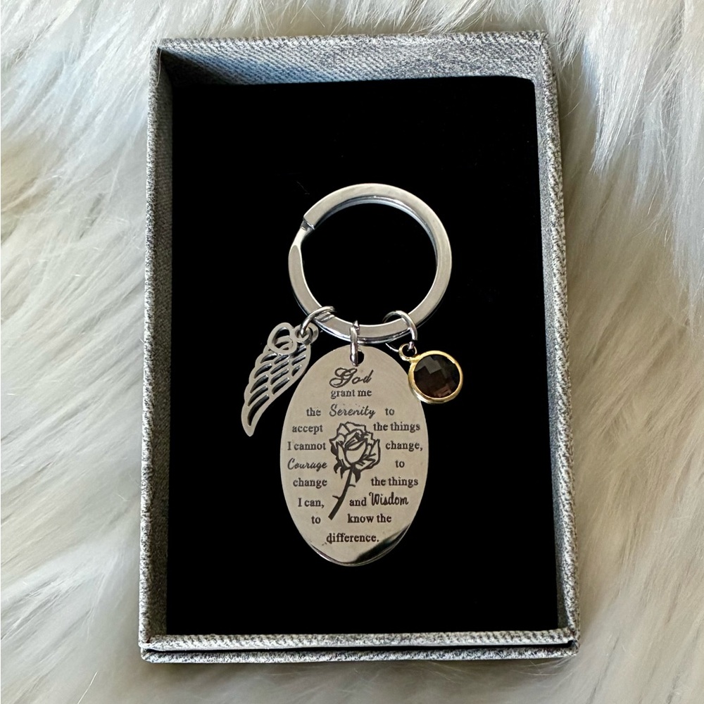 Serenity Prayer Keychain Inspirational Words Wings Charm in Box